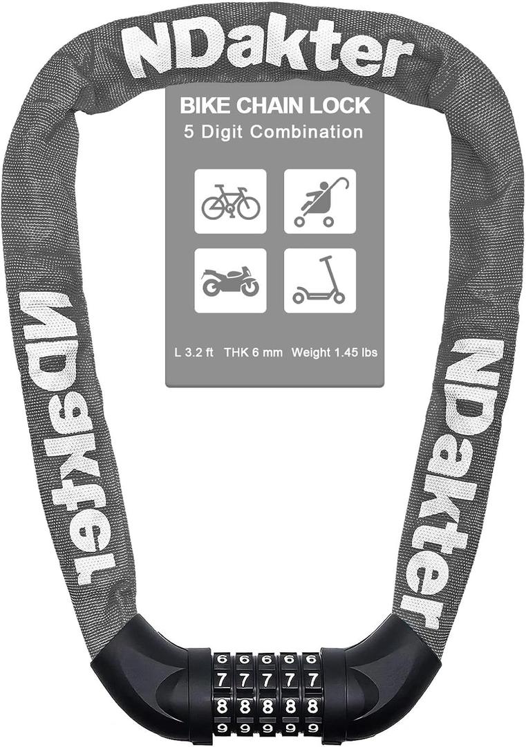 NDakter Bike Lock, 5 Digit Combination Heavy Duty Anti Theft Bicycle Chain Lock, 2.62/3.2/4.27/5/6Ft Long, High Security Resettable, Suitable for Bike, Scooter, Door, Gate, Fence-4/6mm Thick (Gray)