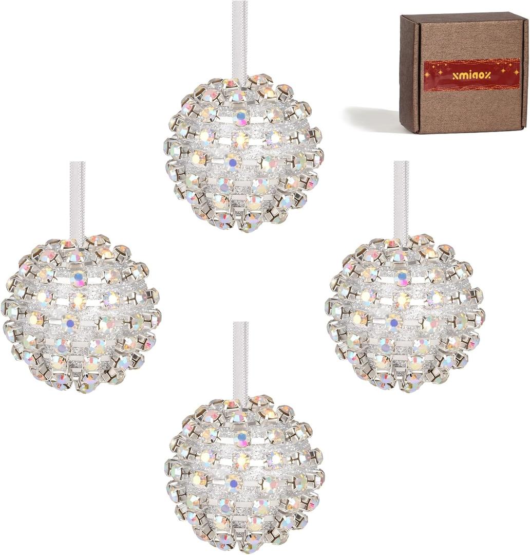 Disco Sparkle Rhinestone Ball Christmas Tree Decorations, 4 Pack Light-Catching Summer Tree Ornaments, Party & Holiday Home Dcor, Luxury Statement Gift-Ready