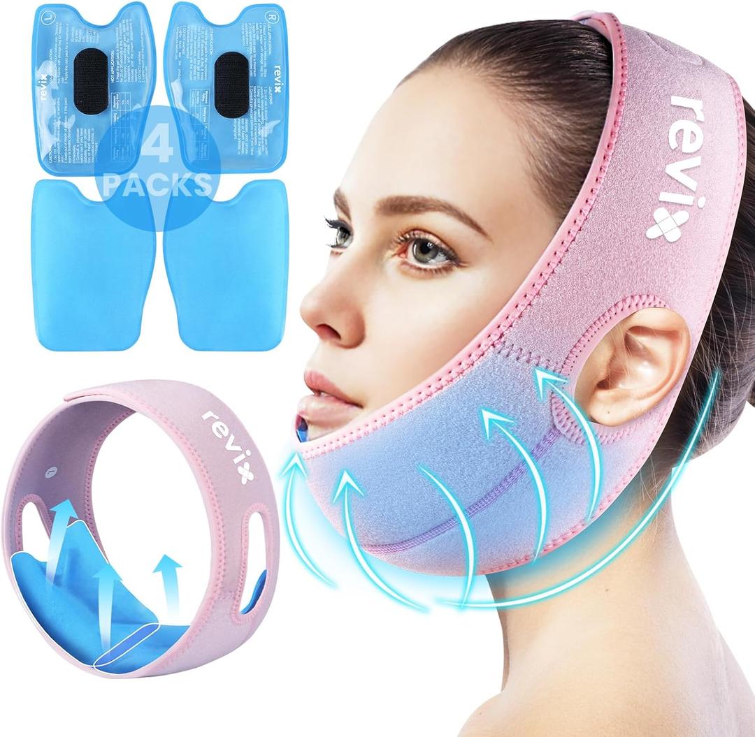 REVIX Wisdom Tooth Ice Pack Wrap with 3D Sewing Design Face Ice Wrap for Jaw, TMJ, Oral Discomfort, Teeth Removal and Dental Implants, Super Snug Fit with 4 Hot Cold Packs Reusable, Pink