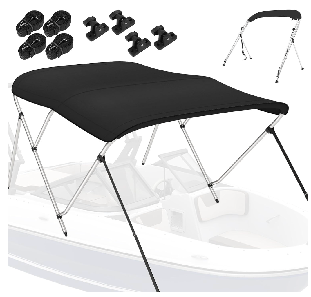 Tops for Boats, Black 3 Bow 88" L x 68" W, 900D Polyester Bimini Top, 2 Rear Support Poles and Storage Boot, 4 Adjustable Nylon Straps
