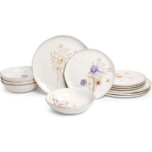 Sango 12-Piece Luxury Porcelain Dinnerware Set for 4- Glossy White Plates and Bowls Sets with Wildflower Patterns and Gold Rims, Ceramic Dish Set, Elegant Dishes for Everyday Dining, Gansevoort