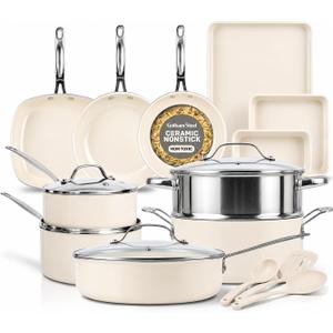 GOTHAM STEEL 20 Pc Ceramic Cookware Set Nonstick, Ceramic Pots and Pans Set Non Stick for Kitchen with Bakeware, Cooking Utensils & Steamer, Non Toxic PFOA PFOS Free, Oven & Dishwasher Safe, 20 Piece Set