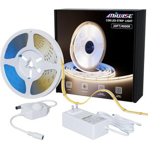 MIWISE COB LED Strip Light 20ft/6.1m,CRI 90+ Natural White 4000K High Lumen Dimmable Super Bright Flexible DC24V LED Tape Light with Controller/Dimmer,for Cabinet Home Office DIY Lighting Projects