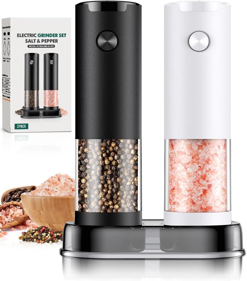 Electric Salt and Pepper Grinder Set Automatic Grinder for Kitchen Battery Pepper Mill Shakers Adjustable Coarseness Upgraded Larger Capacity with Led Gifts for Mom (Black/White)