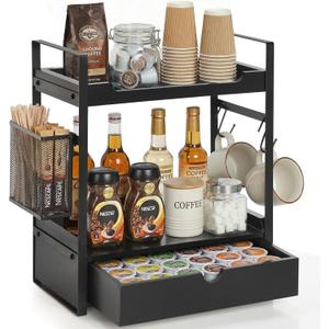 Coffee Station Organizer Countertop, Wooden Coffee Bar Accessories Organizer with Basket, 2 Mug Holder Hooks and Pod Drawer, Multifunctional 2 Tier Countertop Organizer for Kitchen, Bathroom, Office