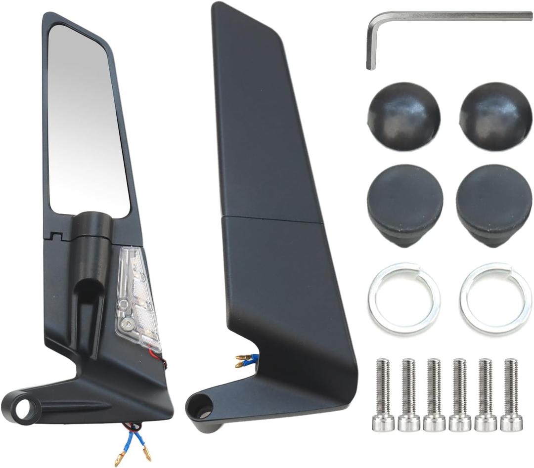 Motorcycle Rear View Mirrors, Adjustable 360° Rotating Stealth Wind Wing Side Mirrors Compatible with Kawasaki Z400 Z650 Z900 Z1000 Duke 125 200 250 (White Mirror with Light)