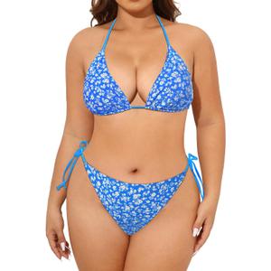 Tempt Me Women Plus Size Triangle Bikini String Two Piece Halter Tie Side Swimsuit (Blue Floral) 20 Plus