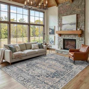 5x7 Area Rugs for Living Room Bedroom, Blue Washable Rug, Vintage Retro Boho Rug, Non Slip & Low Pile Faux Wool Thin Carpet for Indoor Dining Room and Kids Room(Blue 5x7ft)