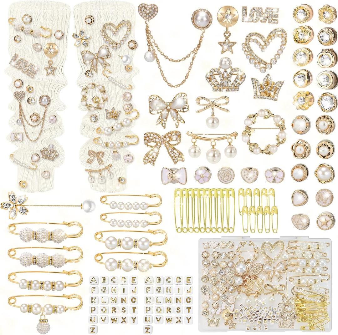 132 Pcs Junk Socks Charms Kit, Brooches and Pins for Women, Shoe Charms for Mothers Day with Pearl Safety Pins and Brooch Buttons, Teen Girl DIY Accessories for Decorating Socks, Sneakers (Golden)