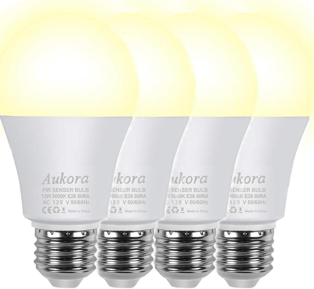 Aukora Motion Sensor Light Bulbs 4-Pack, 12W (100-Watt Equivalent) E26 Motion Activated Dusk to Dawn Security Light Bulb Outdoor/Indoor for Front Door Porch Garage Basement Hallway Closet(Warm White)