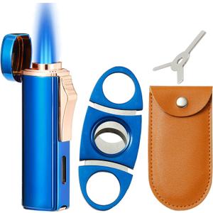 420 Carbon Steel  and Lighter Set, Built-in , Triple Jet Flame Butane Torch Lighter, Refillable Windproof Lighter, Gifts for Men, Blue. (Sold Without Gas)