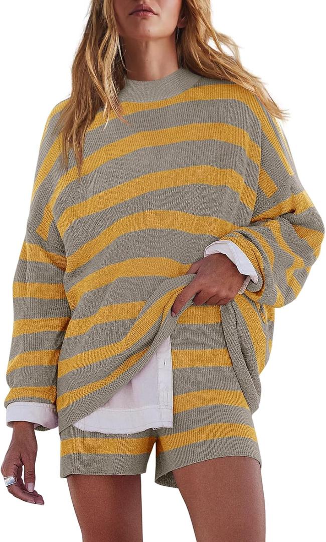 LAMISSCHE Womens Oversized Lounge Sets 2 Piece Outfits Striped Matching Pajama Set Long Sleeve Sweater Set (Small, Grey&Yellow)
