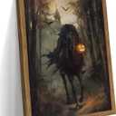 Framed Vintage Halloween Wall Art, Gothic Pumpkin Headless Horseman Wall Decor, Dark Academia Artwork Canvas Paintings, Moody Spooky Forest Posters Prints Pictures for Living Room Bedroom 16x24 Inch