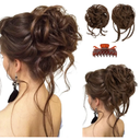 SARLA 2PCS Messy Bun Hair Pieces for Women Detachable Claw Clip Wavy Curly Synthetic Hairpieces for Updos with Tendrils Fake Scrunchies Ponytail Extension Chocolate Multi