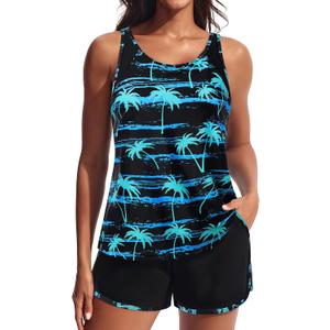 Hanna Nikole Women's Tankini Swimsuits Two Piece Tummy Control Bathing Suit with Athletic Pockets Swim Shorts Swimwear (Black, XL)