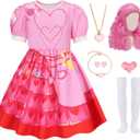 7 Pcs Pink Rise Costume for Girls Red Princess Dress with Wig (8-9 Years)