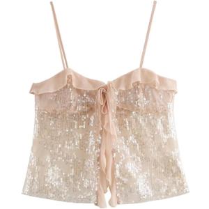 Lunoakvo Women Chic Sequined Pleated Ruffle Tank Top Backless Crop Spaghetti Strap Chiffon Sling Camisole (Medium, Pink)