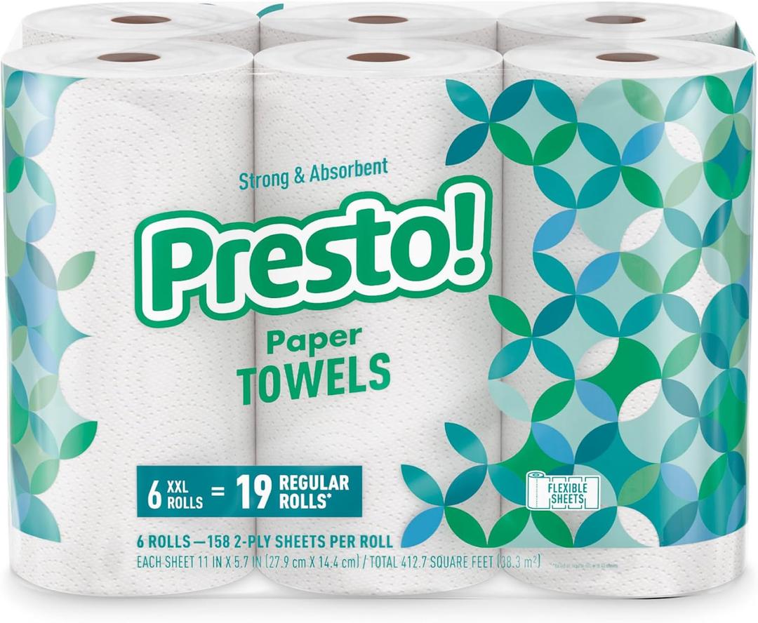 Amazon Brand - Presto! Ultra-Strong Premium Paper Towels, 158 Sheet Huge roll - Flex-a-Size, 6 Rolls, Equivalent to 19 Regular Rolls, White