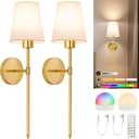 TISLYCO Battery Operated Wall Sconces Set of 2, Gold Rechargeable Wall Lamps with 2500mAh Magnet Detachable Dimmable Remote Bulbs,12 RGB Colors & 3 Color Temperatures Wireless Wall Lights for Bedroom