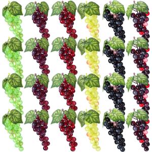 24 Pcs Artificial Grape Rubber Fake Grapes Bunches with Vines Leaves Faux Lifelike Fruits Ornament for Wedding Outdoor Decoration Garden Home, 6 Colors