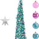 6FT Pop-Up Christmas Trees with Lights: Christmas Trees with 100 LED Lights - Collapsible Christmas Tinsel Trees Christmas Decorate for Home Apartment Room Holiday Party Inside Outside (Ice Blue)