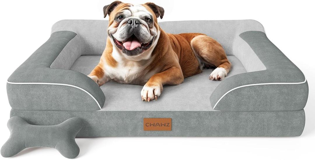 CWAWZ Dog Beds for Large Dogs, Orthopedic Dog Bed with Cooling Gel Memory Foam, Waterproof Large Pet Bed with Removable Washable Cover, 36" Pet Sofa Couch Dutch Velvet with Bone Toy, Light Gray