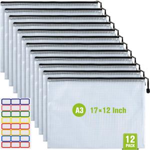 12PCS Mesh Zipper Pouch, Waterproof Tear-Resistant Document File Folders, A3 Size Zipper Documents Pouch Document Organizer Bags for School Office Home Travel Storage(1712Inch)