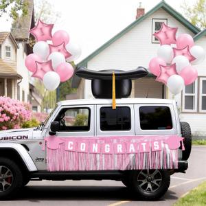 49 Pack Graduation Car Decoration Kit 24 Inches Large Inflatable Black Gold Graduate Hat with Tassel Pink White Tassel Banner Balloon for Car Graduation Party Decoration Supplies