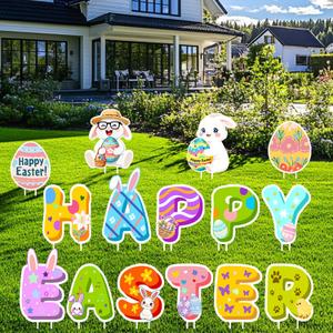 15PCS Happy Easter Yard Signs Outdoor Decorations with Stakes, Waterproof Bunny Egg & Letter Lawn Signs for Front Yard, Walkway, Garden, Easter Egg Hunt, Spring Party Decor