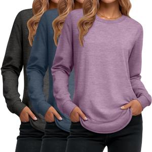 3 x Ficerd 3 Pack Women's Long Sleeve Shirts, Cotton Crew Neck Tunic Tops Casual Loose Fit Pullover Sweatshirts Curved Hem Shirts (M)