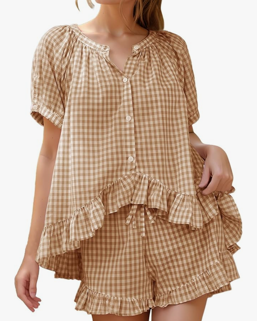 Flygo Womens Gingham Pajamas Set 1 Piece Cotton Pj Lounge Sets Puff Sleeve Ruffle Babydoll Shirt Shorts Summer Outfits XL