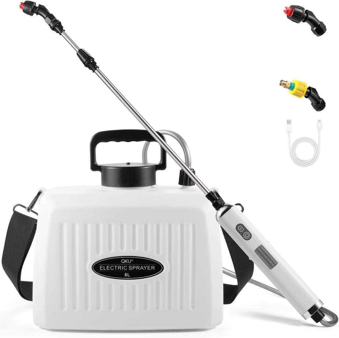 Electric Sprayer, Battery Powered Sprayer 8L/2 Gallon, with 3-Adjustable Nozzles, Retractable Wand, Rechargeable Handle & Adjustable Shoulder Strap, Suitable for Garden, Lawn & Cleaning.