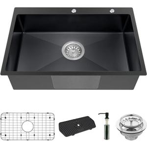 Black Kitchen Sink, Stainless Steel Drop In 33x22x9 Inch Single Bowl Topmount Kitchen Sink Combo-Stainless Grid, Soap Dispenser, Faucet Mat, Drain Strainer Set for Modern Style Kitchen & Bar