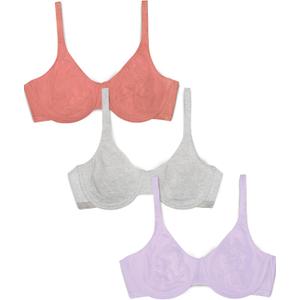Fruit of the Loom Women's Unlined Underwire Bra-Cotton & Spandex Blend for Natural Shape and Flexibility (40D, Desert Dusk/Grey/Lilac Whisper)