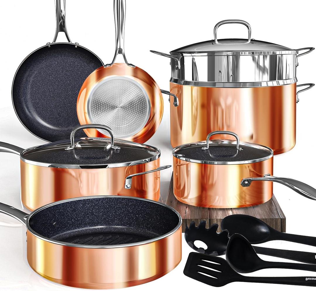 Deluxe DUXANO 14PC Healthy Pots and Pan With 9H Anti-scratch Coating, 2-Layer Non-Stick Ceramic&PFAS Free, Sensitively&Evenly Induction Cooking, Enhanced Flavor with Infrared Cookware, Dishwasher Safe (Copper)