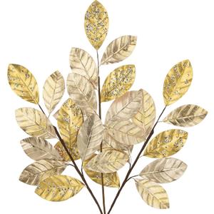 Hollyone 23.6 Christmas Tree Picks and Sprays 3Pcs Champagne Artificial Magnolia Stems Magnolia Leaves Branches Fake Gold Leaf Floral for Vase DIY Xmas Tree Garland Wreath Centerpieces Wedding Decor