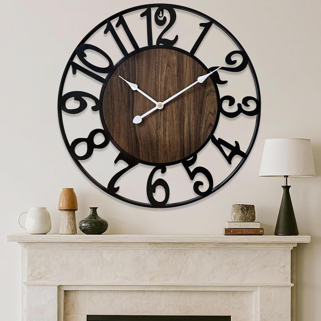 24 Inch Large Wall Clock for Living Room Bedroom Kitchen Mantel Decor, Silent Battery Operated Decorative Non Ticking Metal Round Modern Farmhouse Arabic Numerals Big Clock Wall Decor