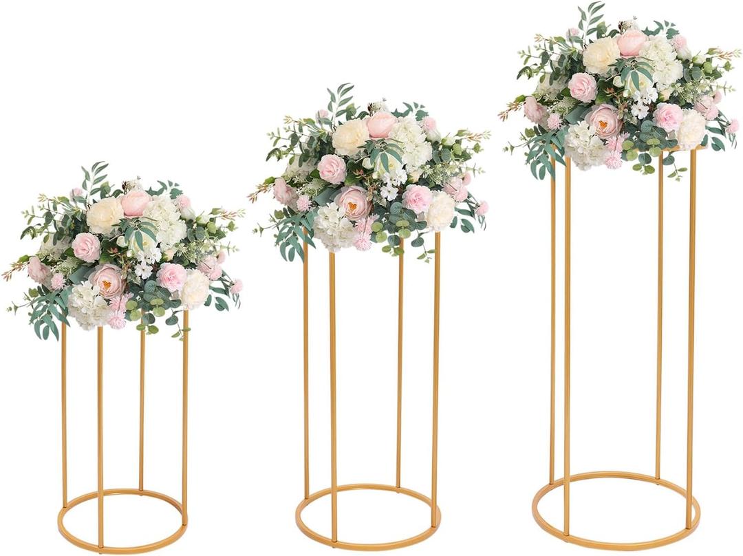 Wedding Flower Stand, 3PCS Round Tall Cylinder Pedestal Flower Holders, Free Standing Removable Gold Metal Plant Rack Column Vases Centerpieces for Parties and Wedding Living Room Decoration