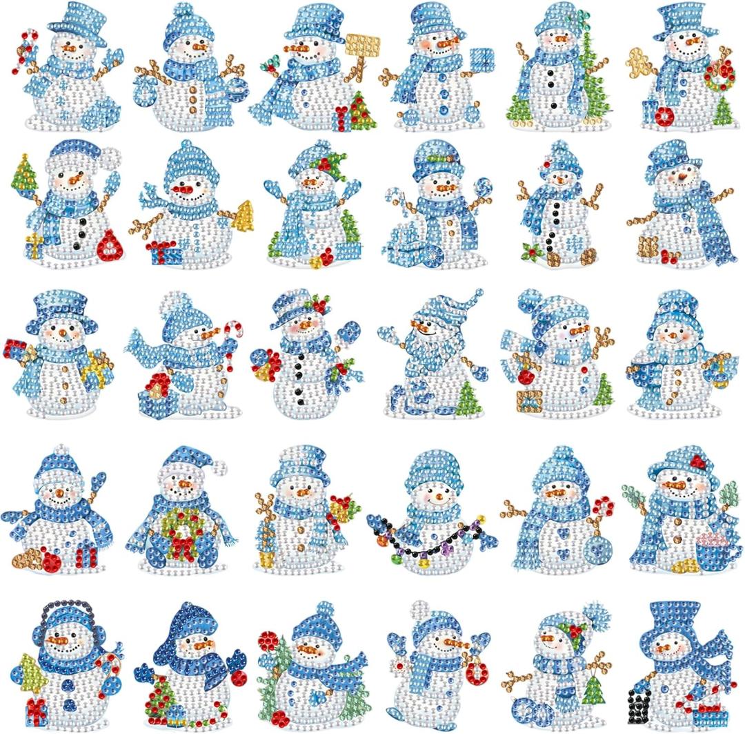 Motipuns 30 Pcs Magnetic Diamond Art Magnet Bulk Diamond Painting Kits Adult DIY Art Fridge Refrigerator Magnet for Beginners Gifts(Winter Snowman,White Blue)