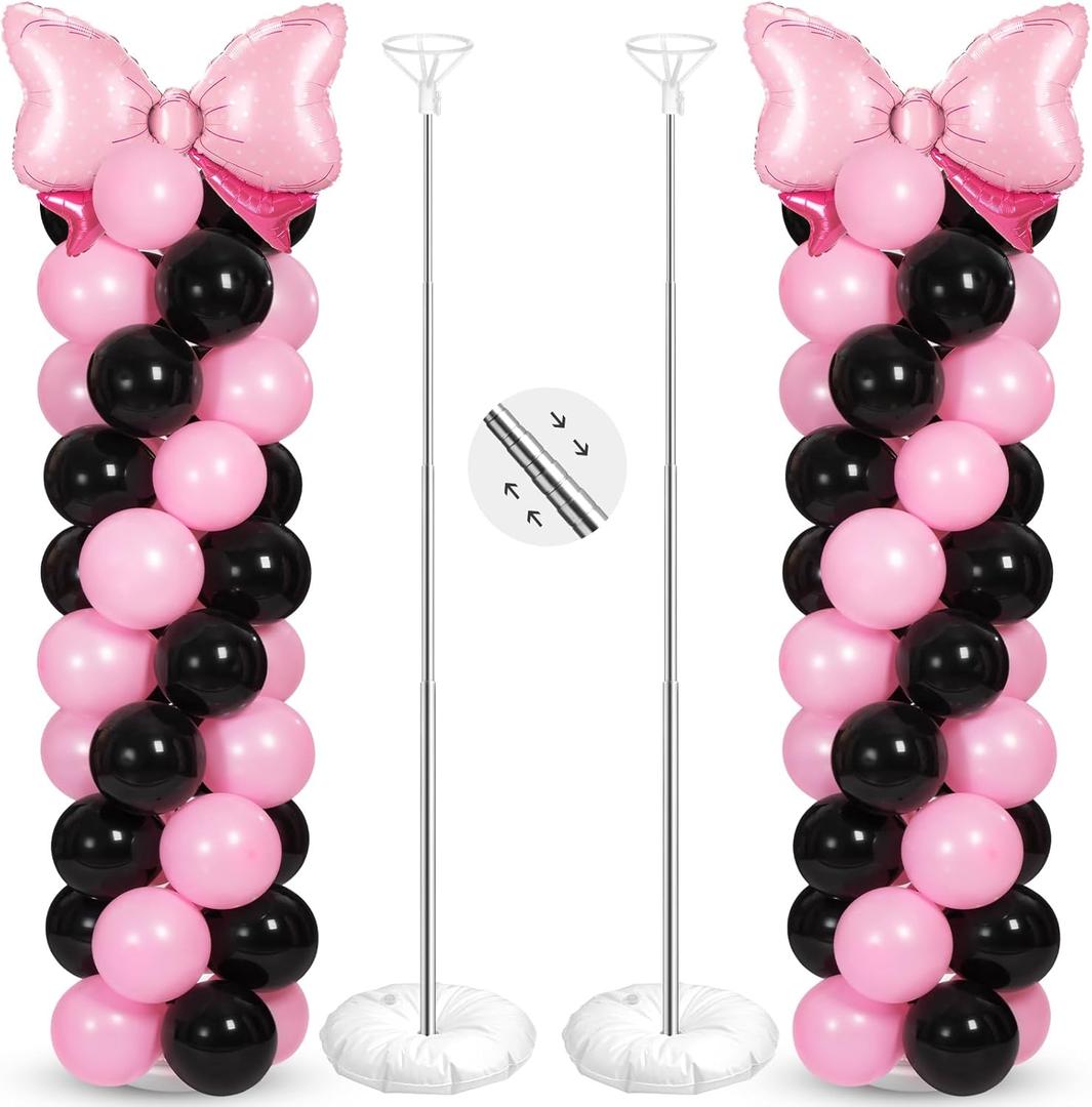 Leitee 2 Sets Adjustable Black Pink Bow Balloon Column Stand Kit Include 143 Pcs Black and Pink Adjustable Balloon Stands Kit for Bow Coquette Themed Party Graduation Birthday Wedding Floor Decoration