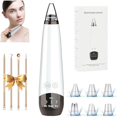 2025 Pore Vacuum, USB Rechargeable Blackhead Remover Vacuum,3 Levels Adjustable Pore Vacuum Blackhead Remover, with 6 Suction Power Probe,4 Golden Needle face Vacuum Pore Cleanser Kit-White