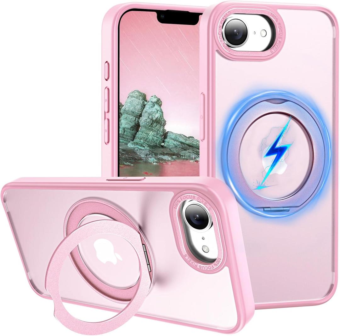 ZHK 360 Rotatable Ring for iPhone 16e Case Magnetic, [Military Grade Drop Proof] [Translucent Frosted Back Panel] Slim Non-Slip Matte Phone Case for iPhone 16e 6.1'', Pink