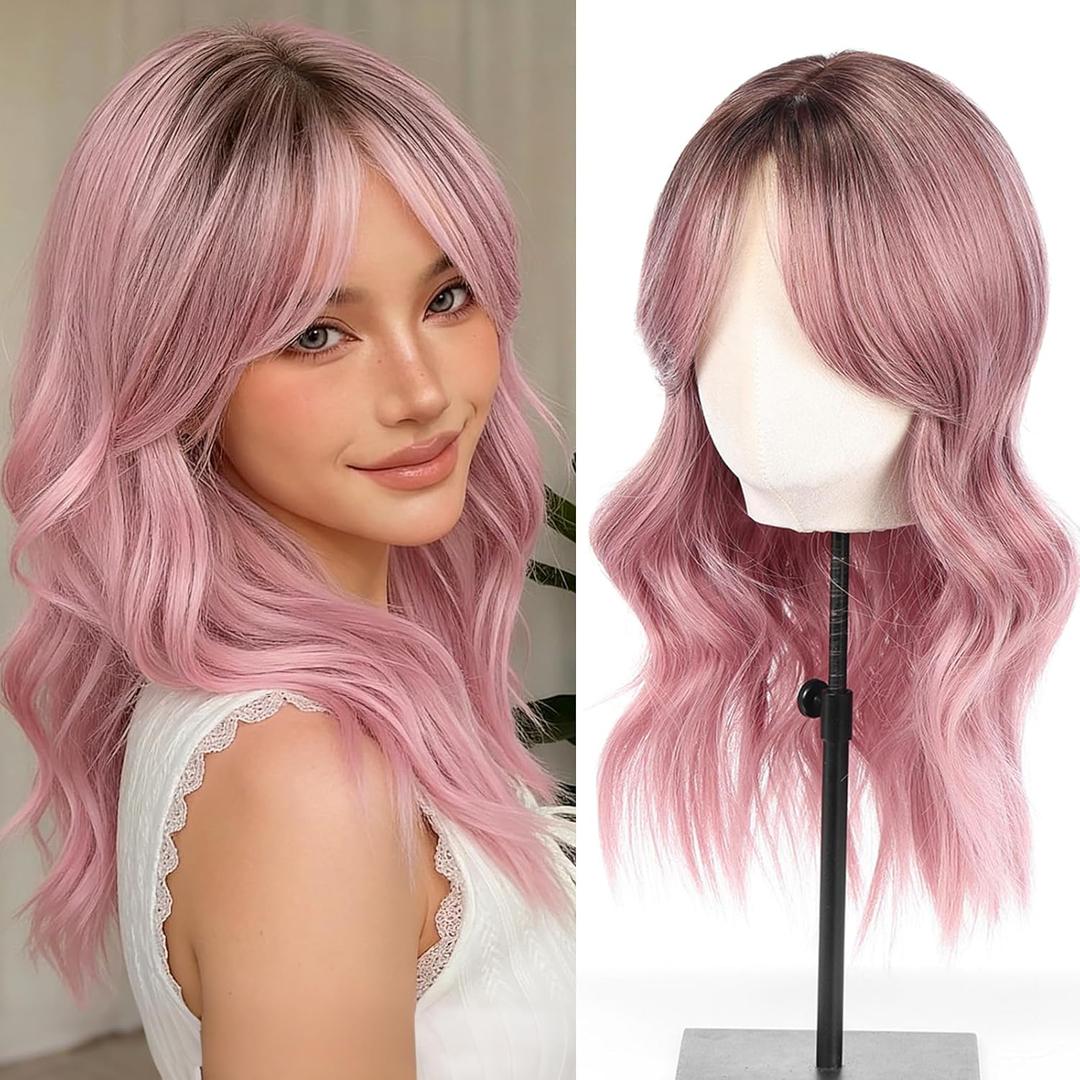 testar Ombre Dark Pink Middle Part Bob Wavy Wigs for Women Heat Resistant Medium Length Synthetic Wigs 20 Inch for Daily Use