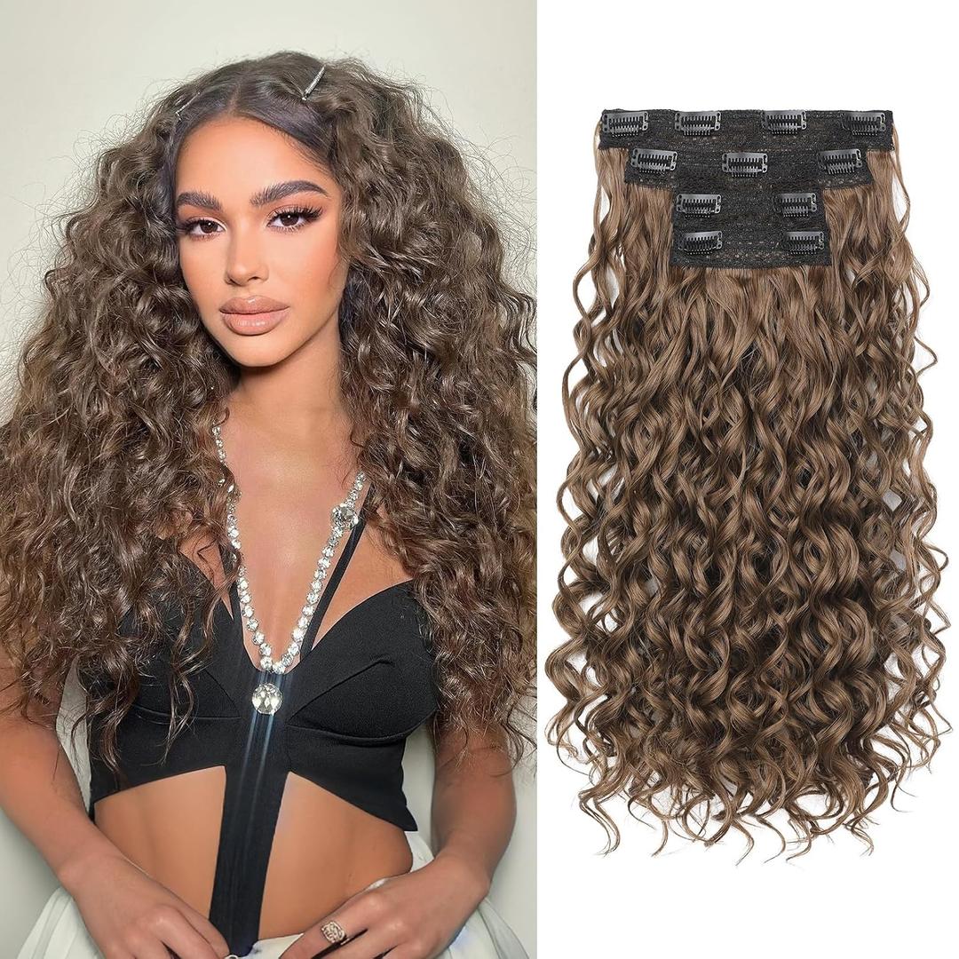 REECHO Curly Hair Extensions, 4PCS 20 inch Clip in Hair Extensions Lace Weft Short Curly Extensions Clip Ins Invisible Natural Hairpieces for Women, Light Brown