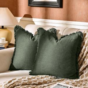 AmHoo Pack of 2 Linen Pillow Covers with Tassels Fringed Decorative Rustic Natural Throw Pillowcase Cushion for Couch Sofa Bedroom 16 x 16-Inch Green