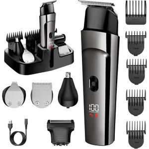 Beard Trimmer for Men - 5 in 1 Kit Electric Razor, Nose Hair Trimmer with LED Display, Cordless Mustache Body Face Grooming Kit, Waterproof Rechargeable Beard Shaver (Dark Gray)