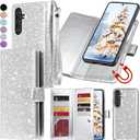 Varikke for Galaxy S25 FE Wallet Case Detachable with RFID Blocking Card Holder for Women, Glitter Leather Strap Magnetic Flip Wallet Removable Phone Case for Samsung Galaxy S25 FE 6.7", Silver