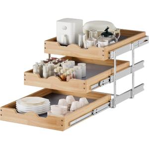DINDON 3 Tier Pull Out Cabinet Organizer 20W X21D Slide Out Shelves With Shelf Liner for Kitchen Wood Roll Out Drawers Pantry Organization