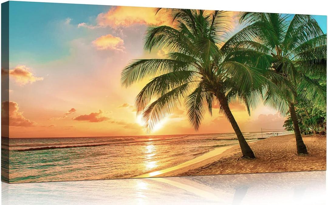 Beach Wall Art for Living Room Ocean Canvas Wall Decor for Home Tropical Palm Tree Picture for Wall Coastal Painting for Bedroom Gold Sunset Art Print for Bathroom Office Decoration (40"L x 20"W)