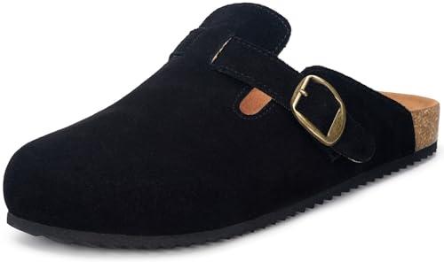 Genuine Suede Leather Clogs for Women's Men's Slip on Mules Antislip Cork Sandals Shoes with Buckle Arch Support Black 44
